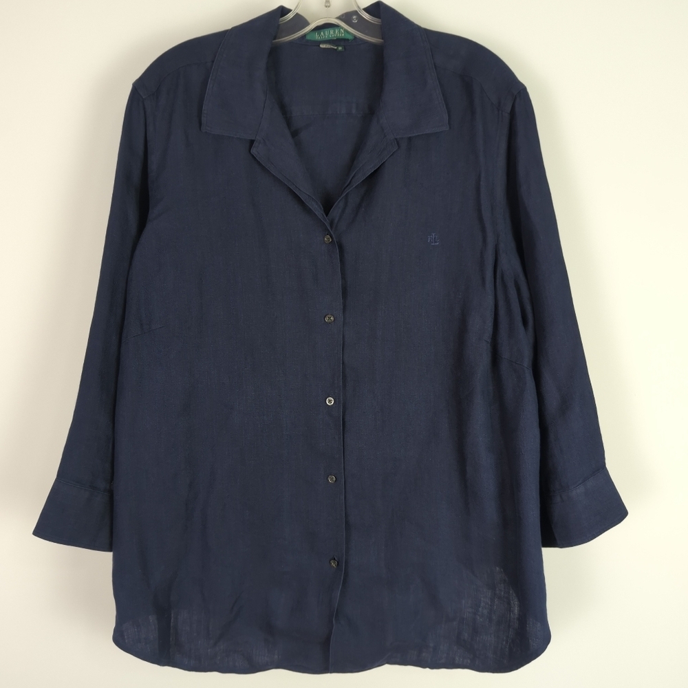Lauren Ralph Lauren Navy Blue 100% Linen Button Down Shirt